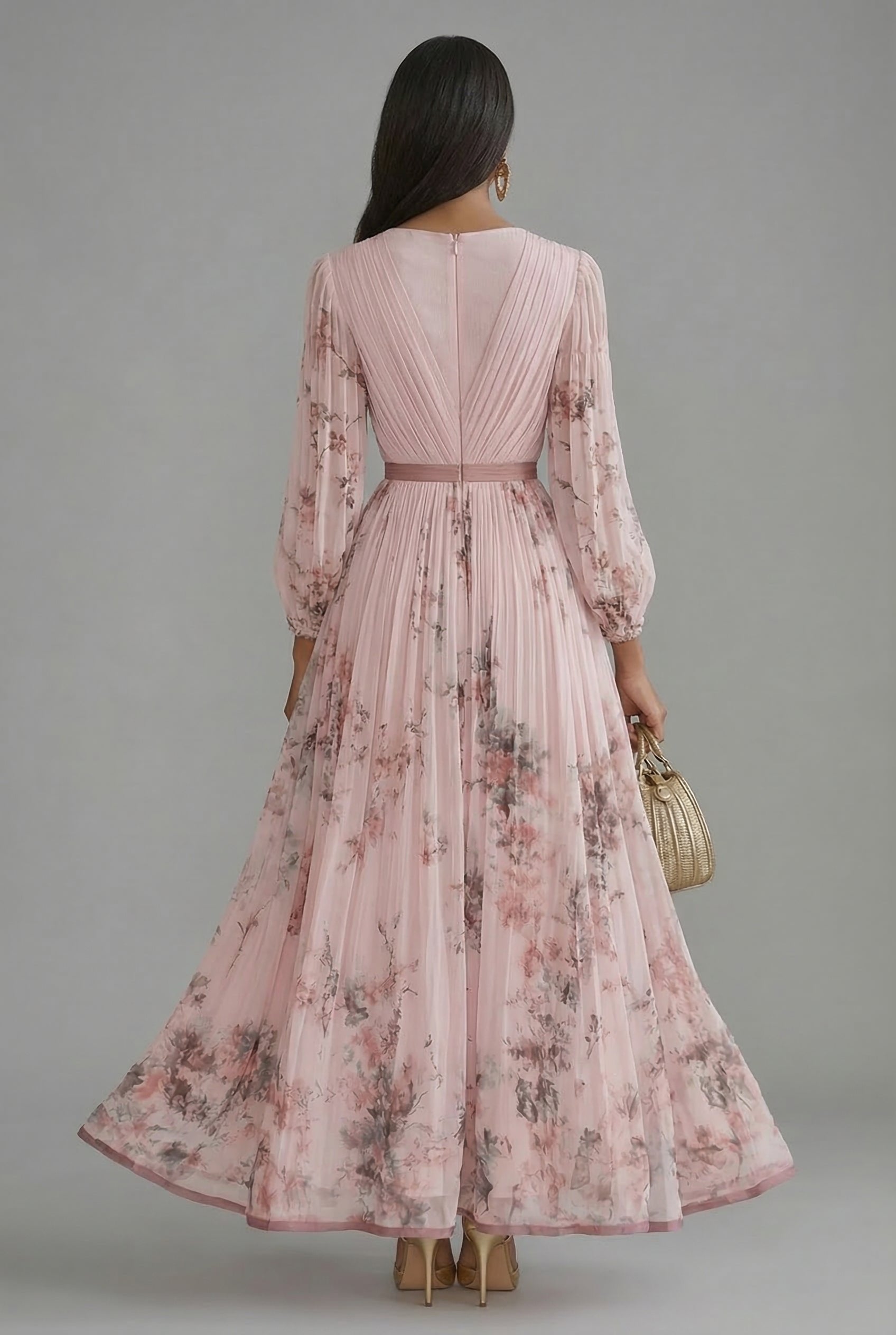 Ava | Maxi Dress Deep V-Neck Long Sleeve Pleated Floral 5