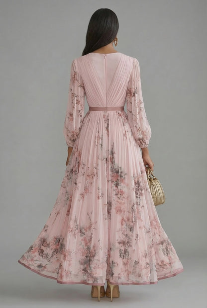 Ava | Maxi Dress Deep V-Neck Long Sleeve Pleated Floral 5