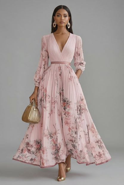 Ava | Maxi Dress Deep V-Neck Long Sleeve Pleated Floral 6