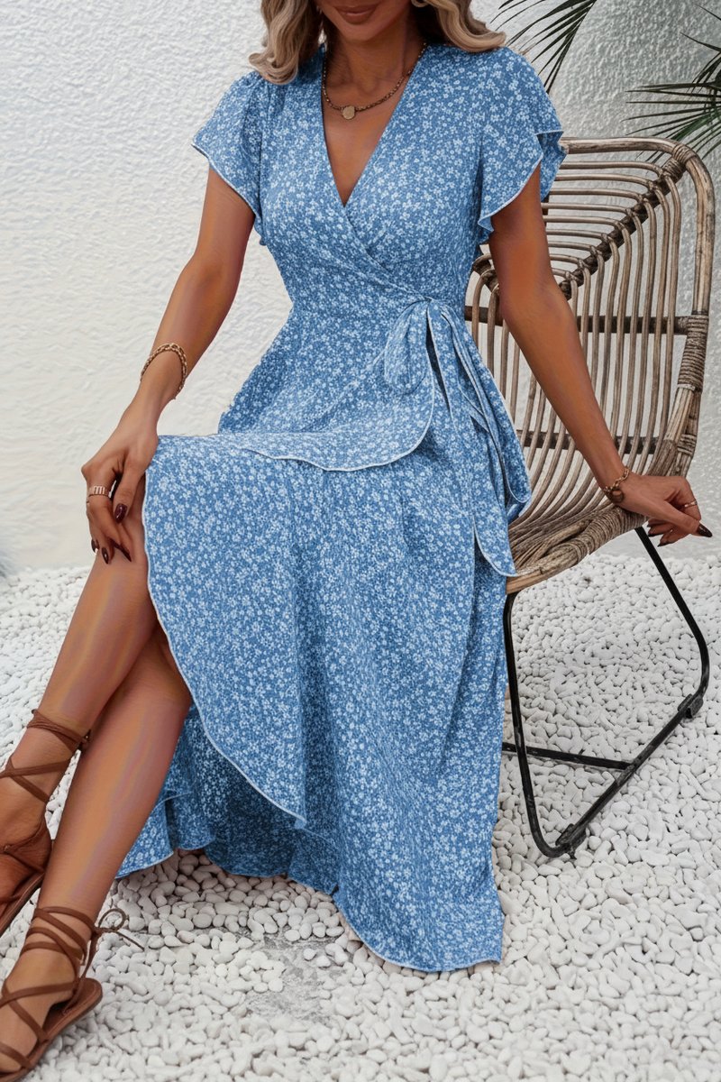Ava | Women's Floral Wrap Midi Evening Gown V-Neck Flutter-Sleeve Dress 0