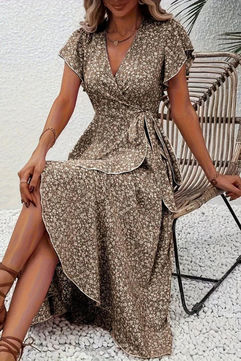 Ava | Women's Floral Wrap Midi Evening Gown V-Neck Flutter-Sleeve Dress 1