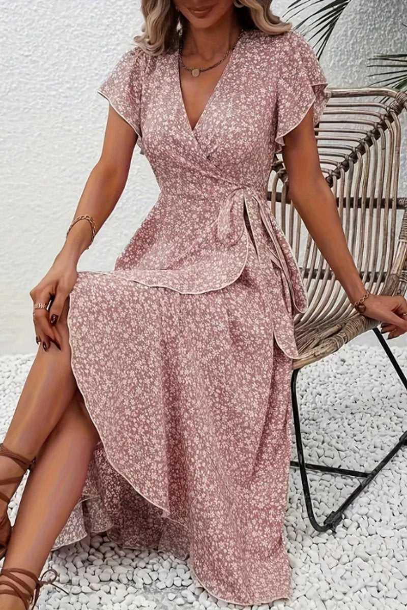 Ava | Women's Floral Wrap Midi Evening Gown V-Neck Flutter-Sleeve Dress 11