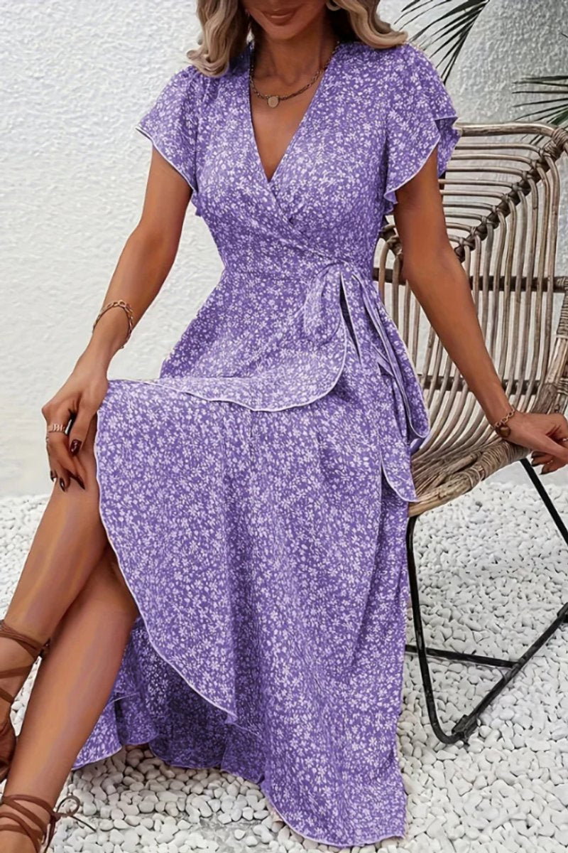 Ava | Women's Floral Wrap Midi Evening Gown V-Neck Flutter-Sleeve Dress 13