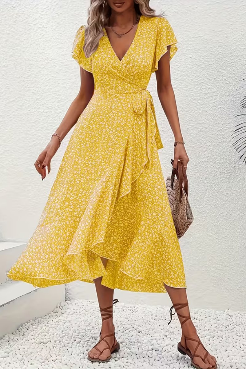 Ava | Women's Floral Wrap Midi Evening Gown V-Neck Flutter-Sleeve Dress 8