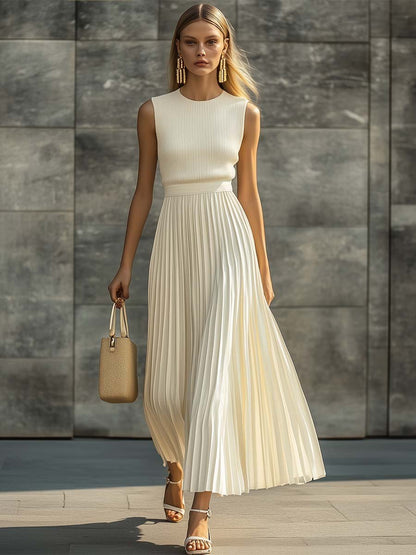 Ava | Women's Sleeveless Ribbed Knit Pleated Chiffon Maxi Dress 1
