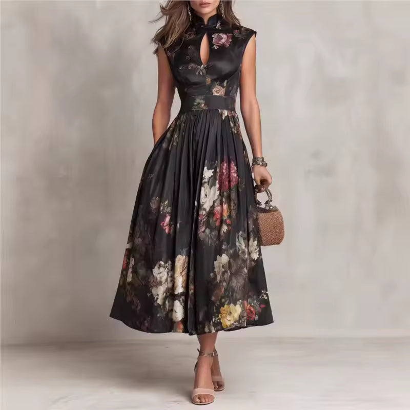 BLACK FLORAL MAO NECK MIDI DRESS WITH KEYHOLE 0