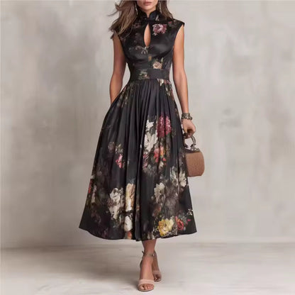 BLACK FLORAL MAO NECK MIDI DRESS WITH KEYHOLE 0