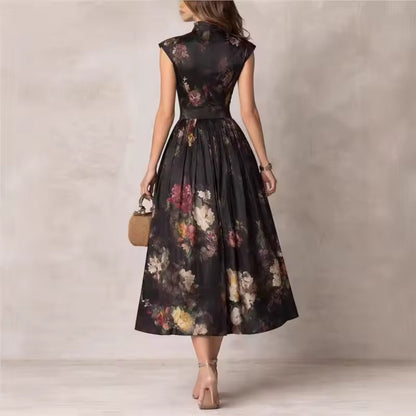 BLACK FLORAL MAO NECK MIDI DRESS WITH KEYHOLE 1