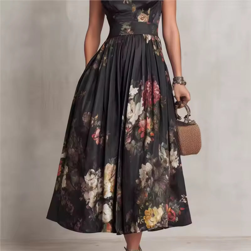 BLACK FLORAL MAO NECK MIDI DRESS WITH KEYHOLE 3