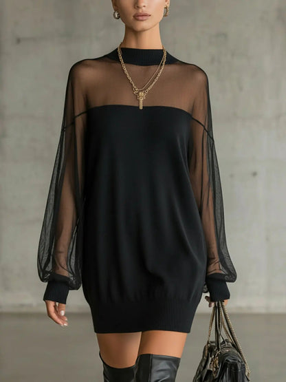 BLACK MESH HIGH NECK MINI DRESS 0