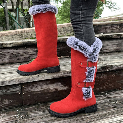 Black knee high boots featuring plush faux fur trim and adjustable buckle straps, perfect for women seeking stylish and warm long boots for cold weather. 2