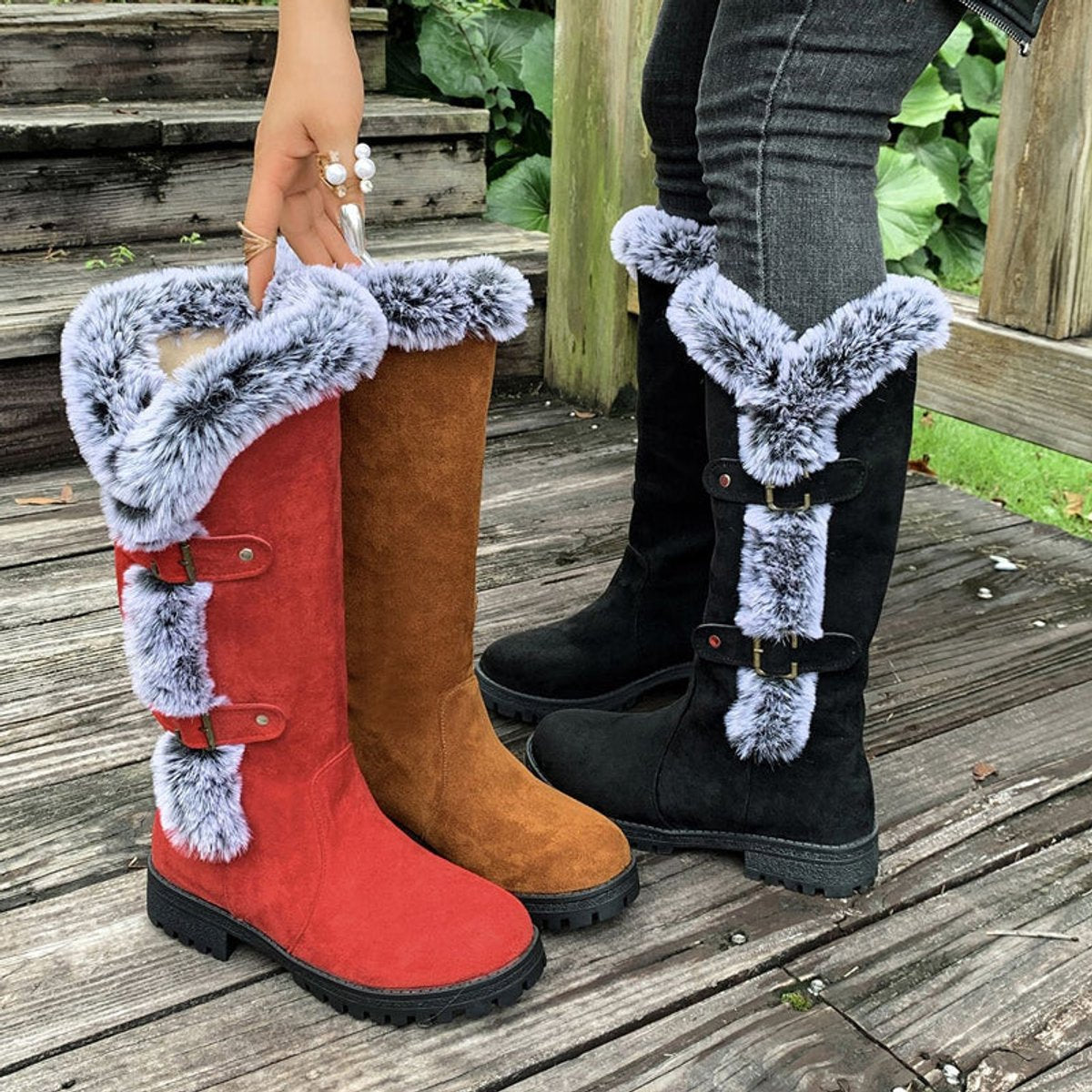 Black knee high boots featuring plush faux fur trim and adjustable buckle straps, perfect for women seeking stylish and warm long boots for cold weather. 3