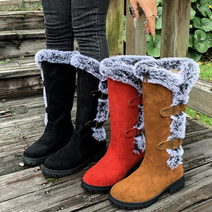 Black knee high boots featuring plush faux fur trim and adjustable buckle straps, perfect for women seeking stylish and warm long boots for cold weather. 6