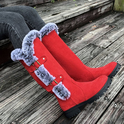 Black knee high boots featuring plush faux fur trim and adjustable buckle straps, perfect for women seeking stylish and warm long boots for cold weather. 7