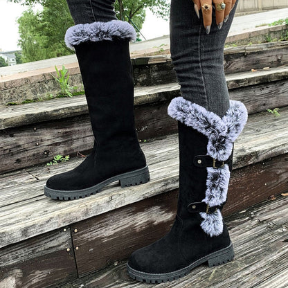Black knee high boots featuring plush faux fur trim and adjustable buckle straps, perfect for women seeking stylish and warm long boots for cold weather. 8