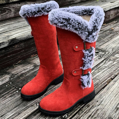 Black knee high boots featuring plush faux fur trim and adjustable buckle straps, perfect for women seeking stylish and warm long boots for cold weather. 9