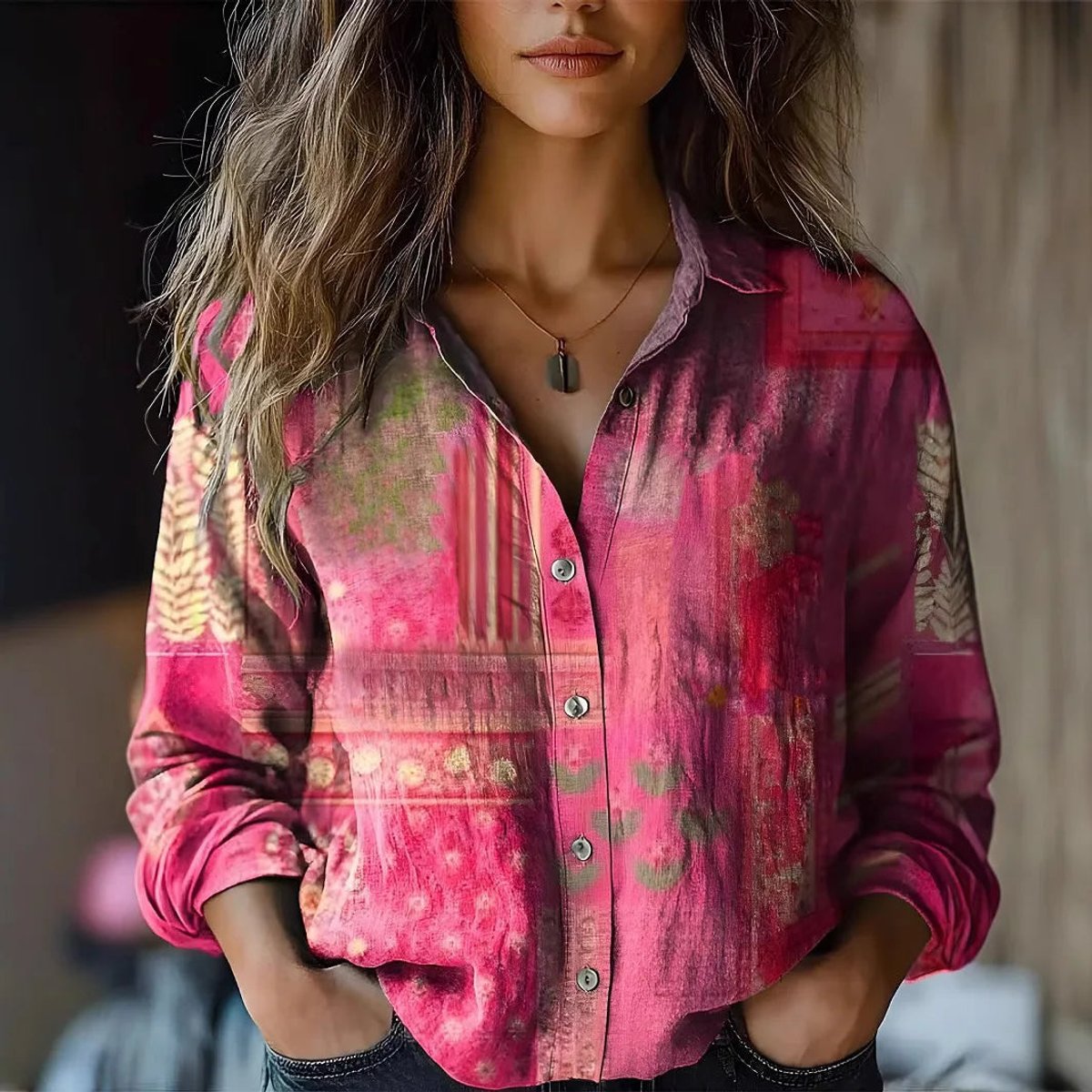 Blouse | Boho Floral Button-Front Long Sleeve
