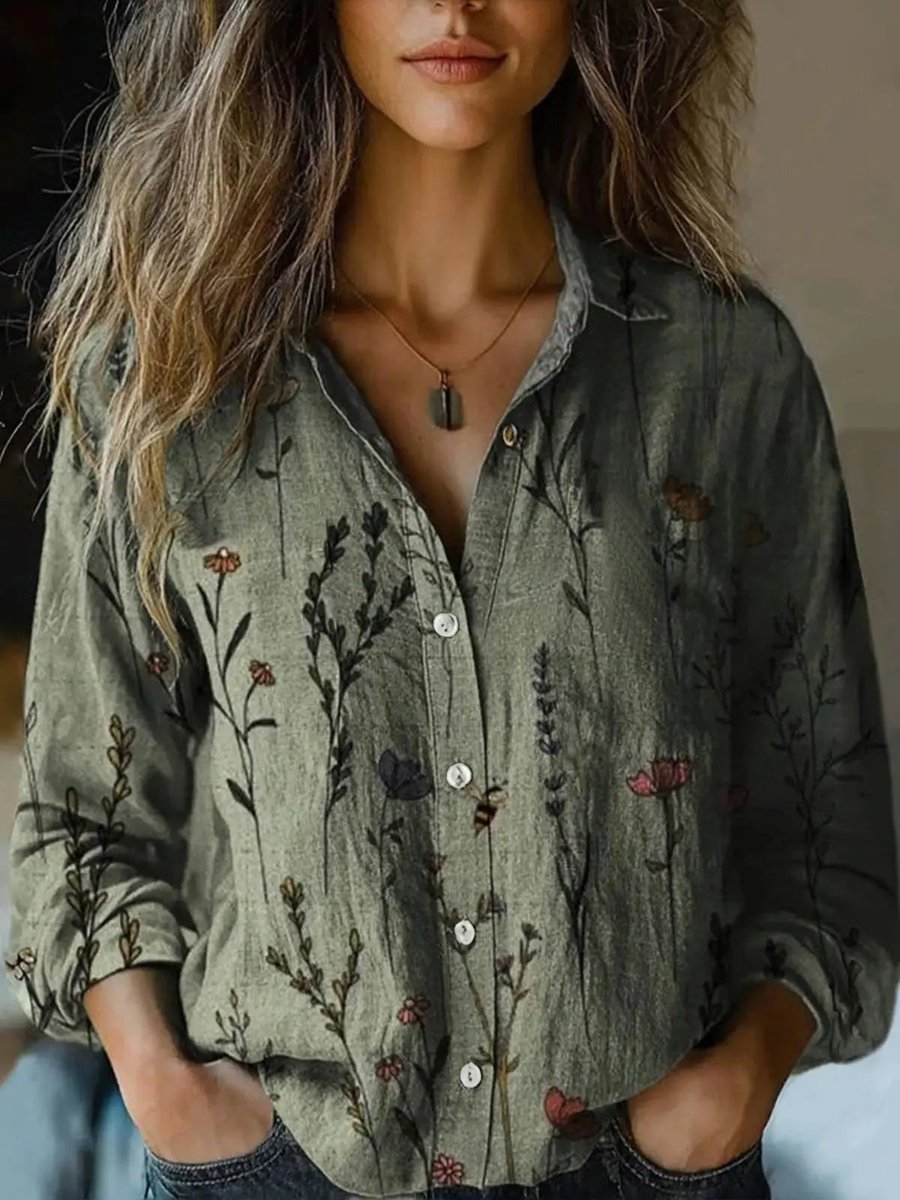Blouse | Boho Floral Button-Front Long Sleeve