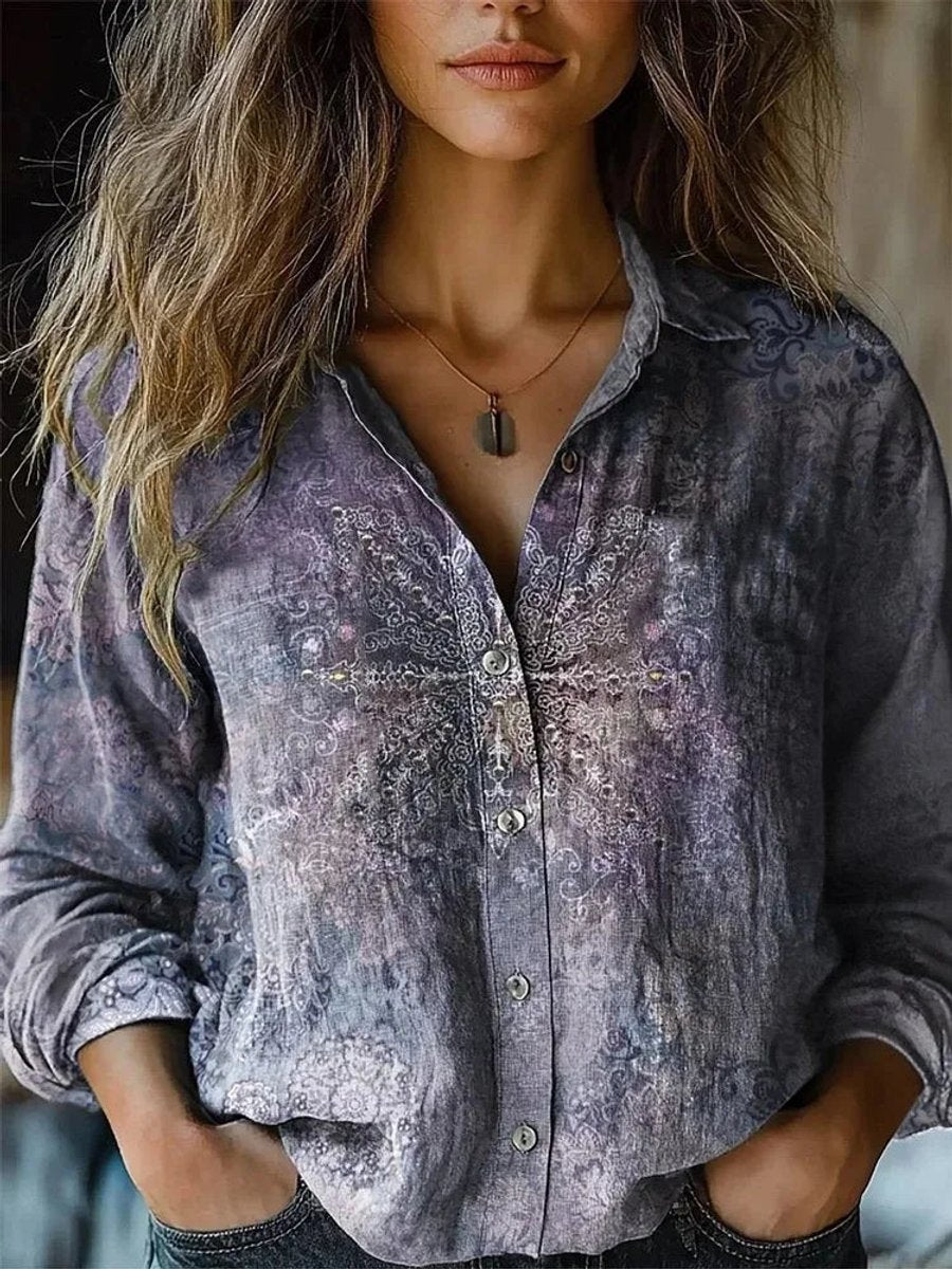 Blouse | Boho Floral Button-Front Long Sleeve