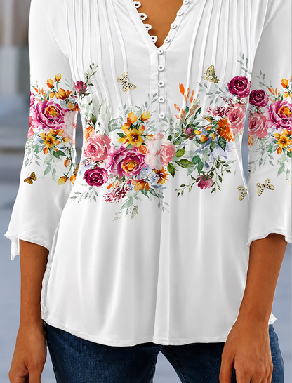 Blouse | Floral Long Sleeve Relaxed Henley