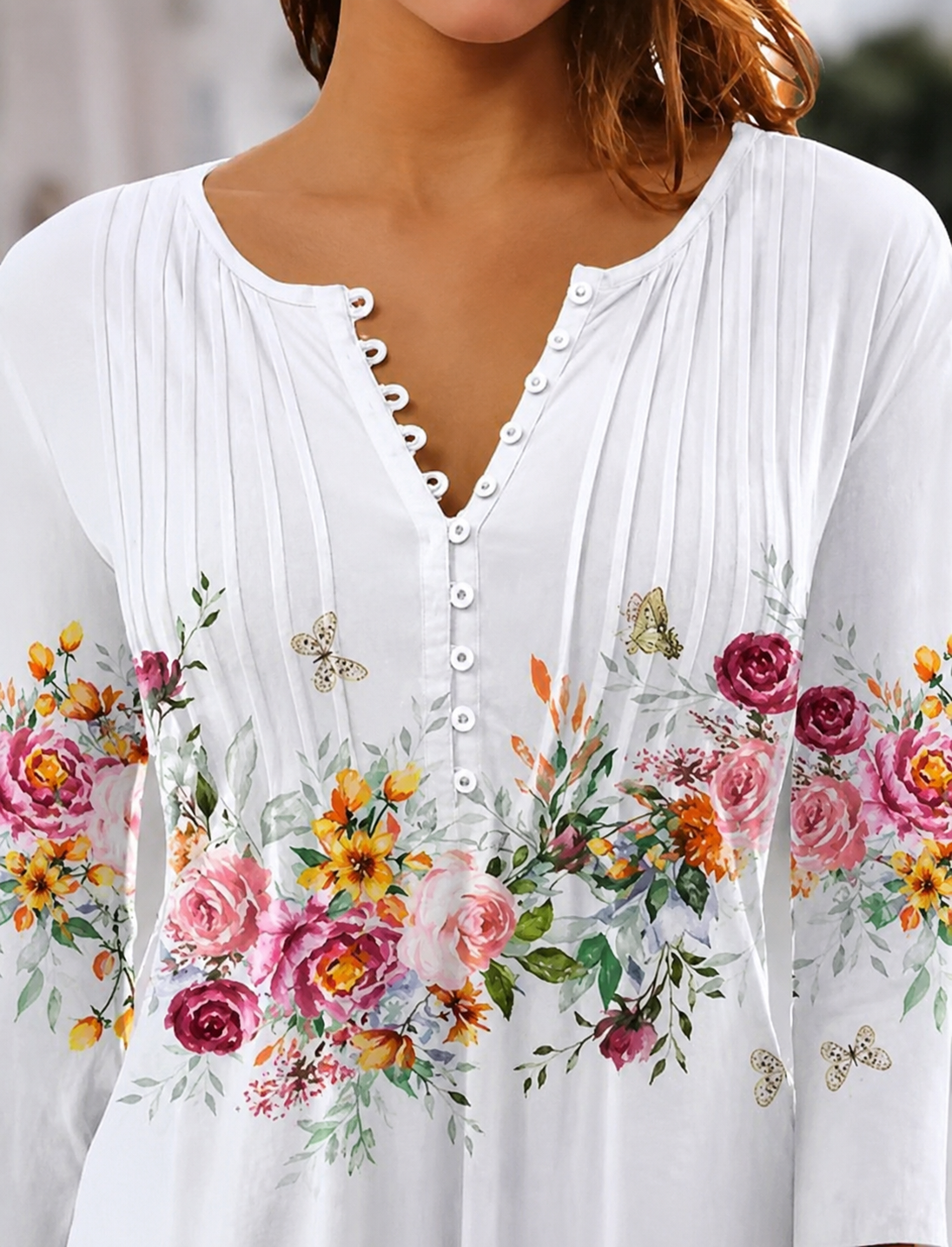 Blouse | Floral Long Sleeve Relaxed Henley