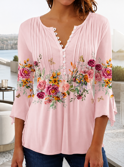 Blouse | Floral Long Sleeve Relaxed Henley