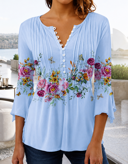 Blouse | Floral Long Sleeve Relaxed Henley