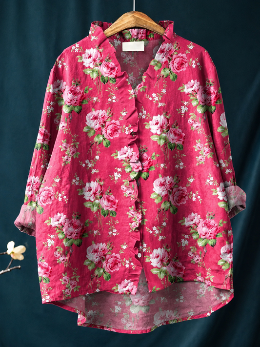 Blouse | Relaxed Fit Floral Ruffle Linen Cotton