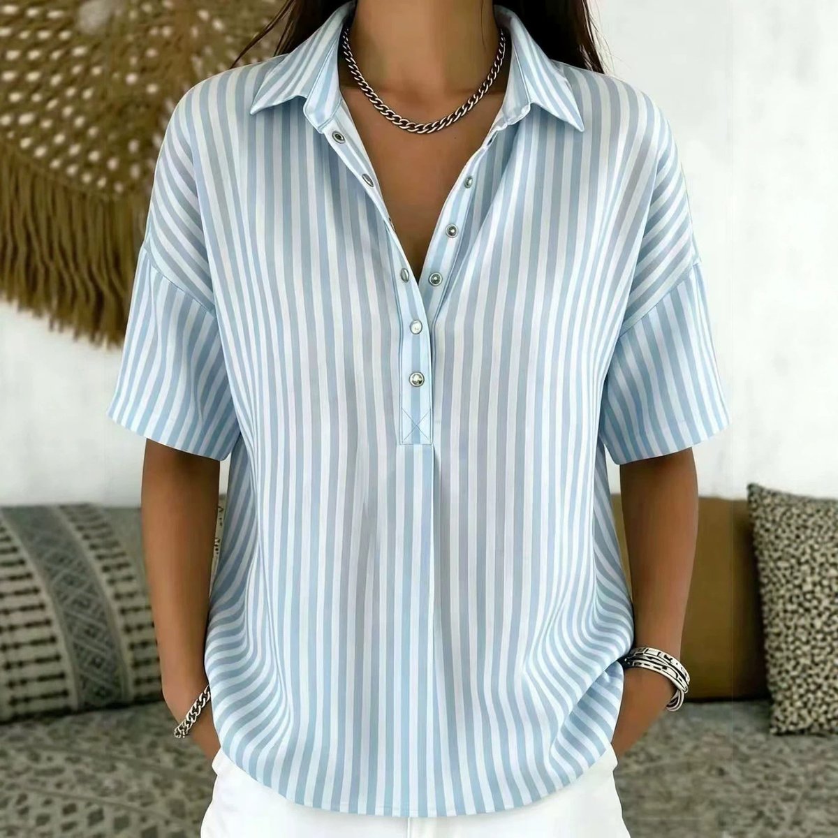 Blouse | Relaxed Fit Striped Collared Short Sleeve