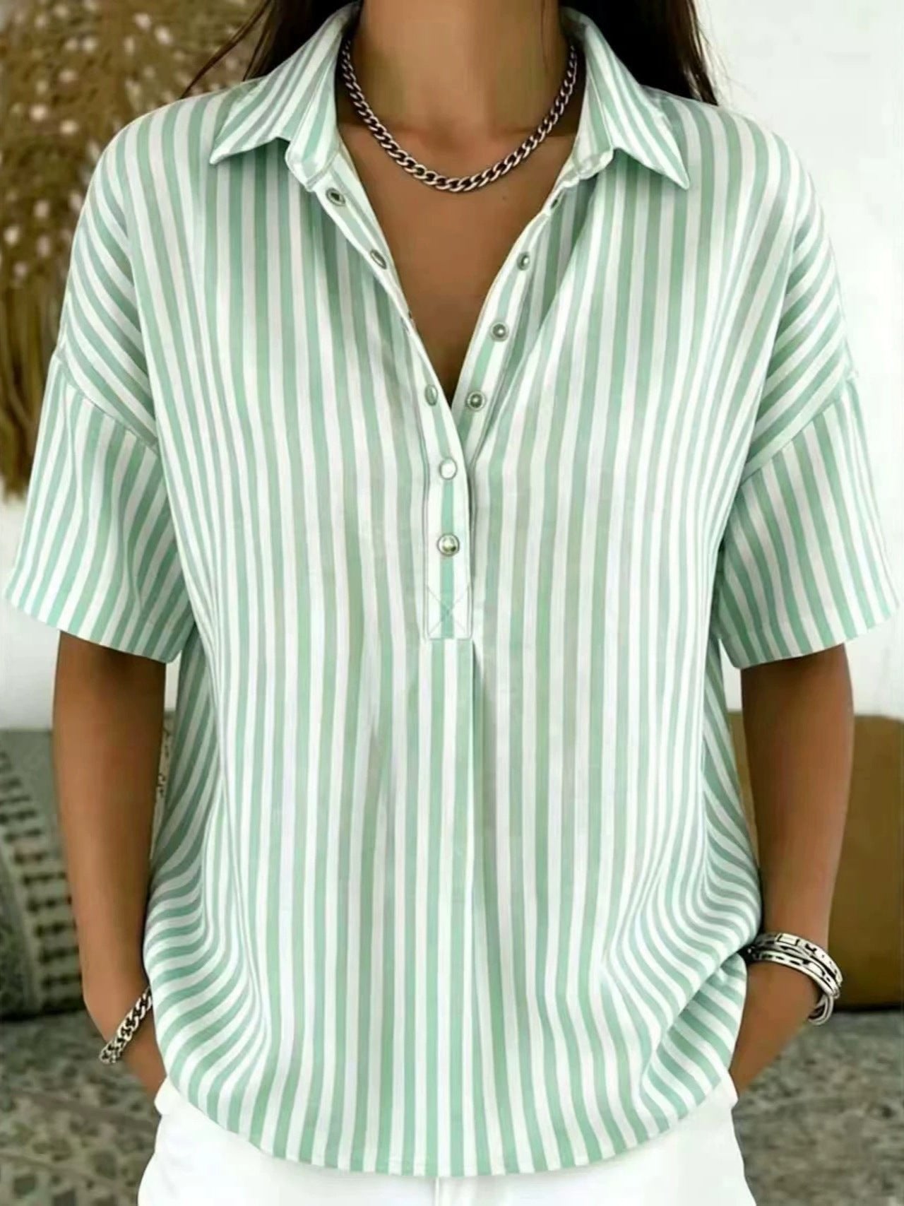 Brooke | Striped Collared Button Blouse 0