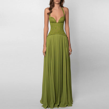 CORSET STRAP PLEATED MAXI DRESS 0