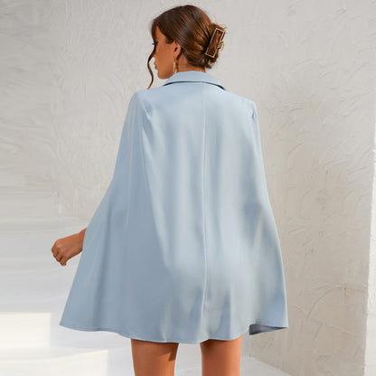 Chic Cape Blazer Mini Dress with Belt & Gold Accents