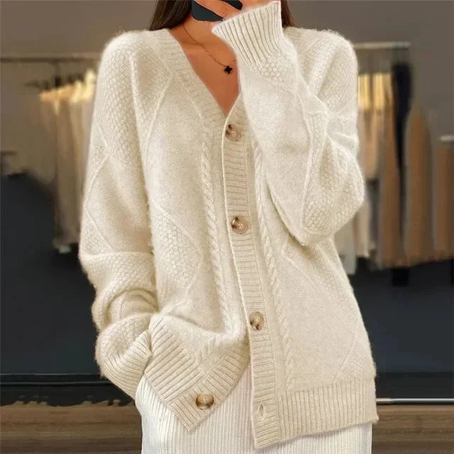 Women's Button-Front Cardigan | V-Neck & Diamond Knit Detail