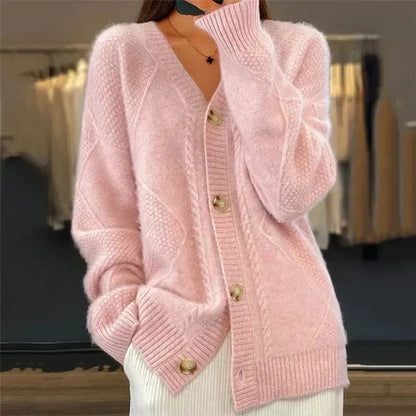 Women's Button-Front Cardigan | V-Neck & Diamond Knit Detail