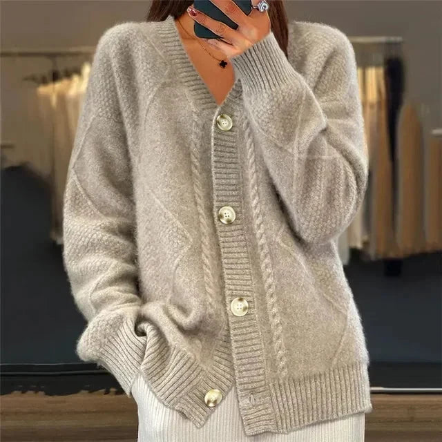 Women's Button-Front Cardigan | V-Neck & Diamond Knit Detail