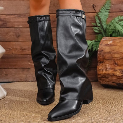 Cassandra - Women's Pointed-Toe Knee-High Boots with Metal Hardware