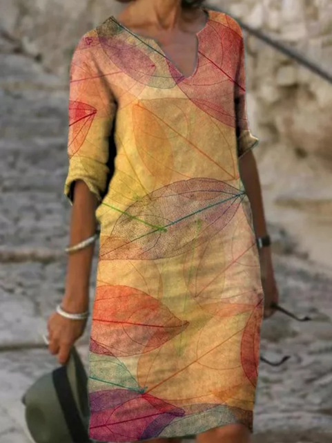 Women's Midi Dress | Botanical Leaf Print & V-Neck Relaxed Fit
