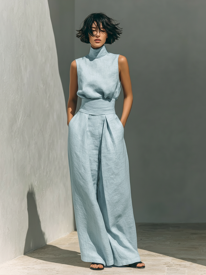 Catrine – Cotton and Linen Tank Top and Wide Leg Pants Set 0