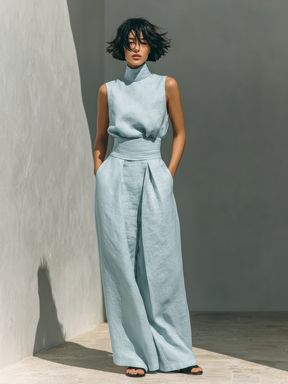 Catrine – Cotton and Linen Tank Top and Wide Leg Pants Set 0