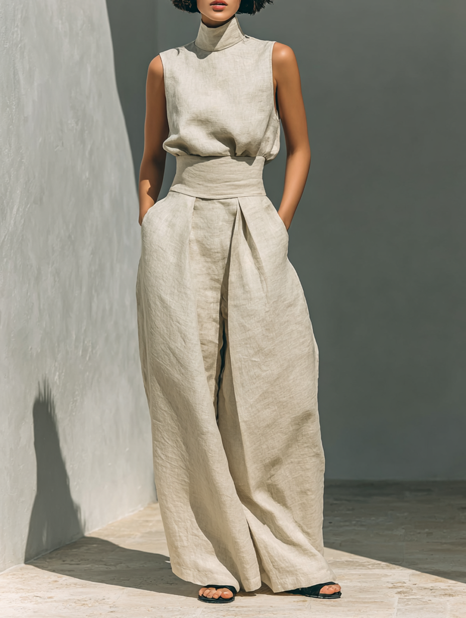 Catrine – Cotton and Linen Tank Top and Wide Leg Pants Set 1