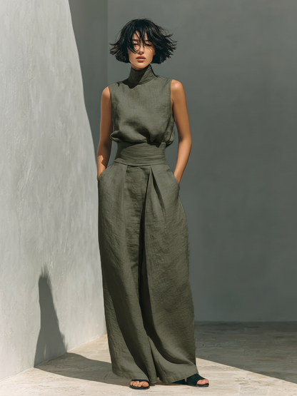 Catrine – Cotton and Linen Tank Top and Wide Leg Pants Set 2