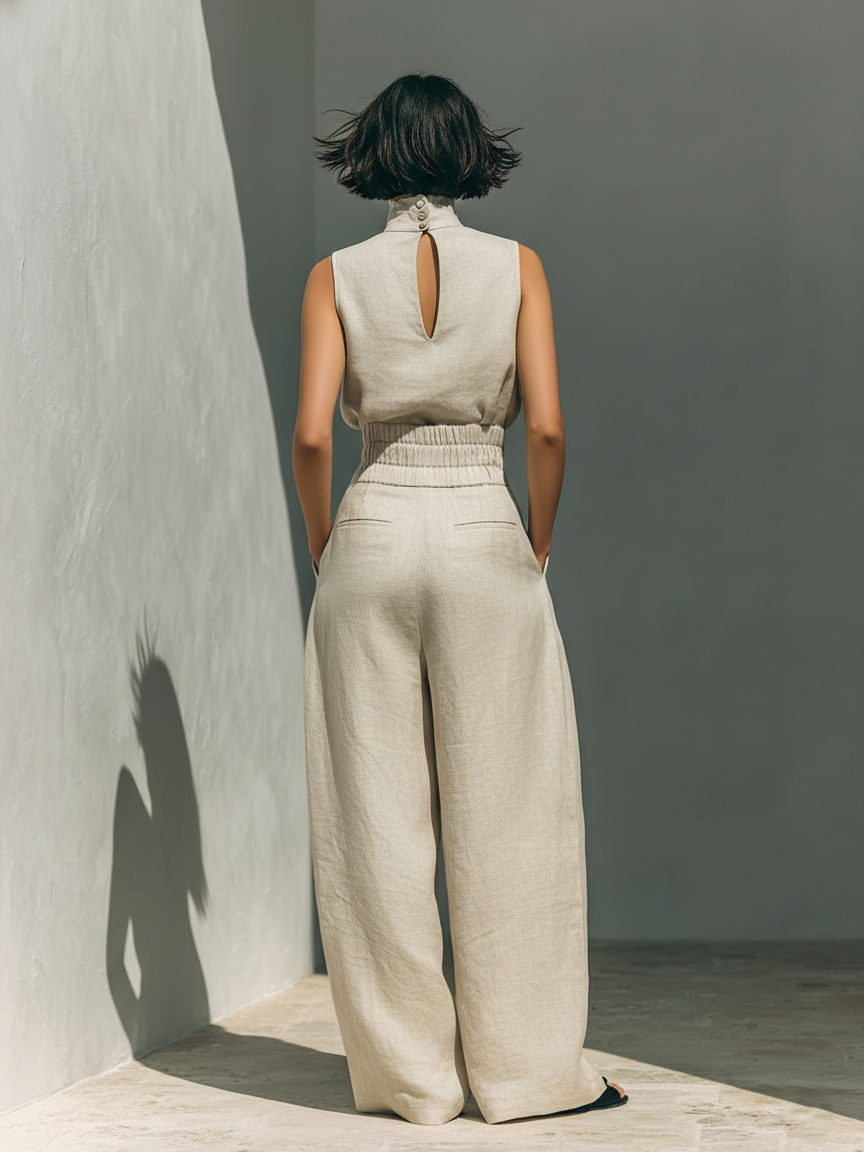 Catrine – Cotton and Linen Tank Top and Wide Leg Pants Set 4
