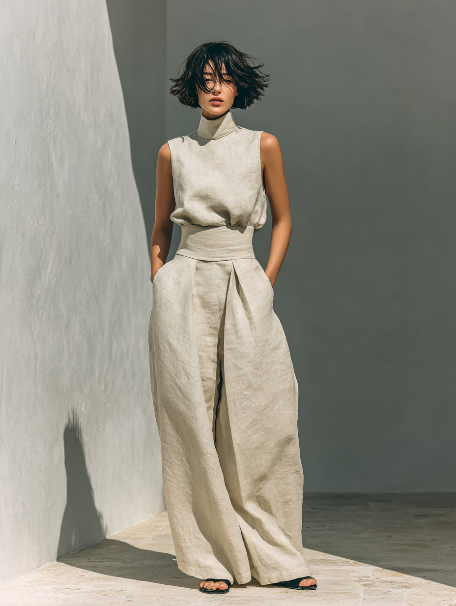 Catrine – Cotton and Linen Tank Top and Wide Leg Pants Set 7