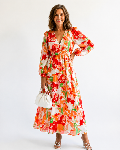 Maxi Dress | Sophia Floral V-Neck Long-Sleeve Maxi Dress for Women