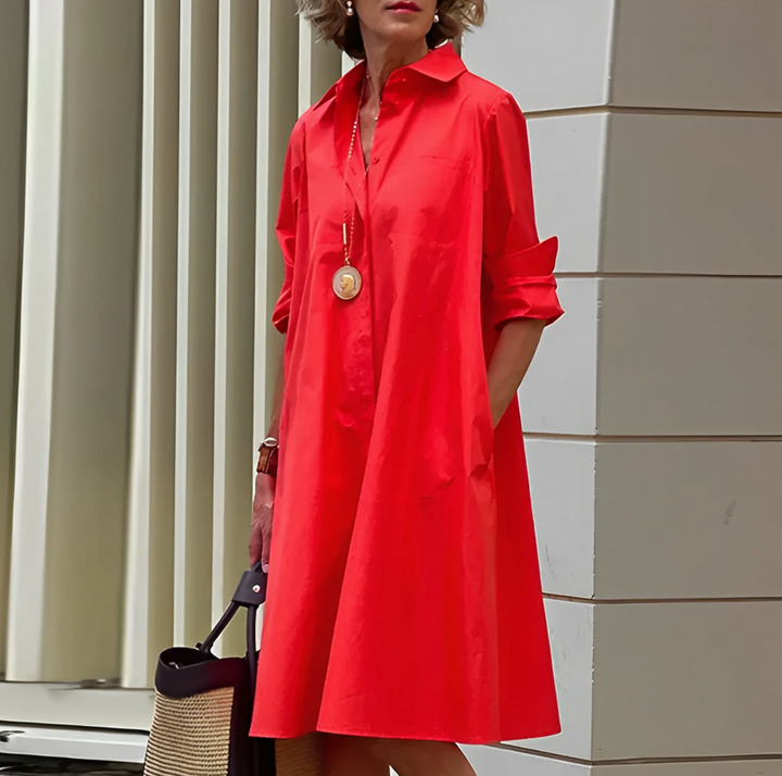 Women's Long Sleeve Dress | Point Collar, A-Line Swing