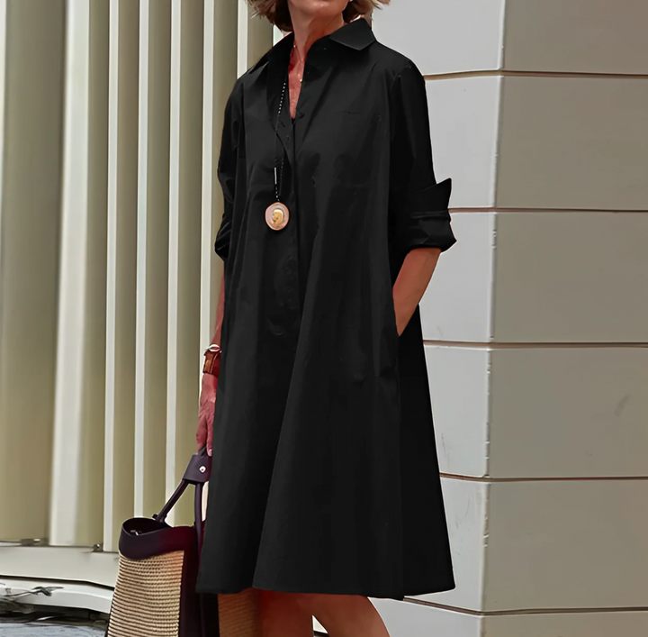 Women's Long Sleeve Dress | Point Collar, A-Line Swing