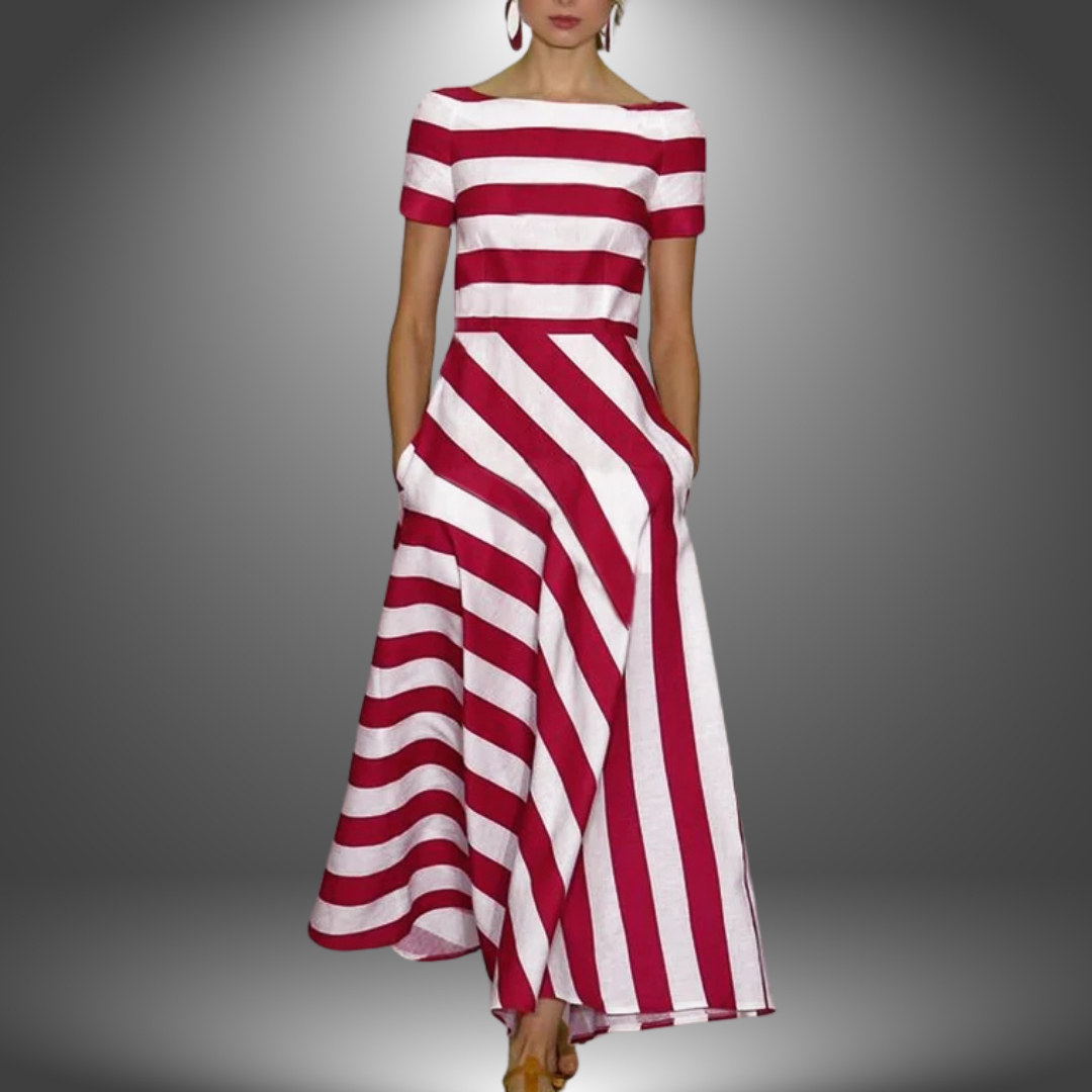 Women's Stripe Maxi Dress | Boat Neck & Diagonal Stripe A-Line Skirt