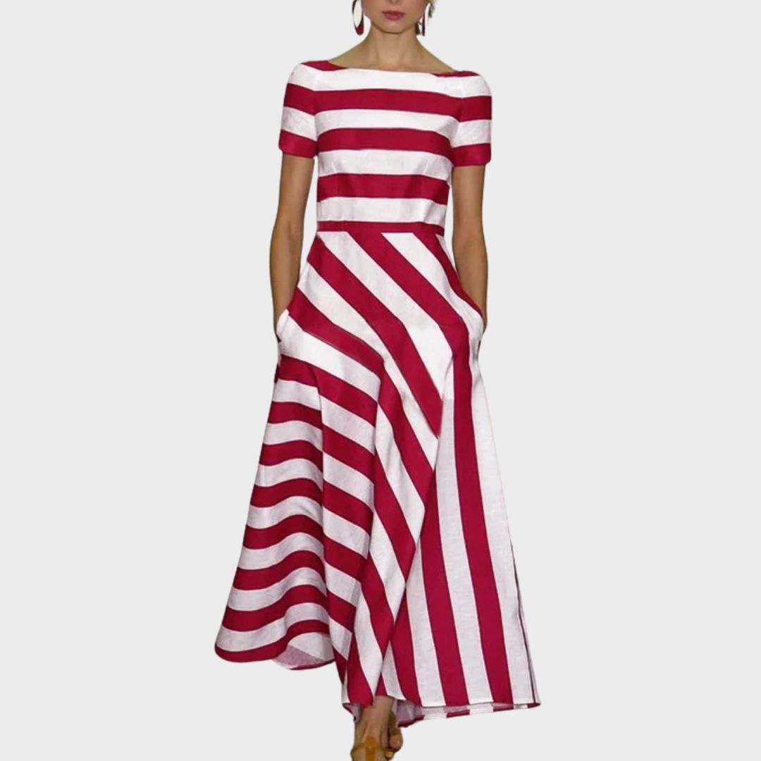 Women's Stripe Maxi Dress | Boat Neck & Diagonal Stripe A-Line Skirt