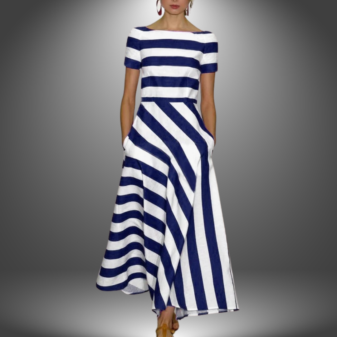 Women's Stripe Maxi Dress | Boat Neck & Diagonal Stripe A-Line Skirt