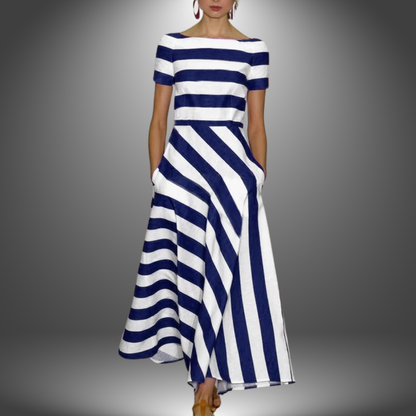 Women's Stripe Maxi Dress | Boat Neck & Diagonal Stripe A-Line Skirt